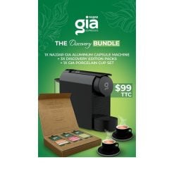 Gia Aluminum Capsule Machine Black + Free Gia Porcelain Cup Set - 2 Cups ( Single ) And Free Journey of Discovery Gia Specialty Capsules 3 EA