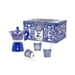 Bialetti BIA005360 Box Moka Express Blu Mediterraneo 6 cups, 3 porcelain caps and 3 silver stirrers  “Exclusively at Beytech”